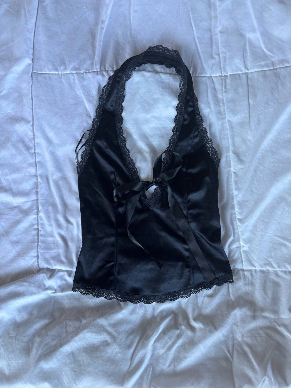 Kimchi Blue Black Satin Lace low
Plunge Halter Cami with Bow Accent